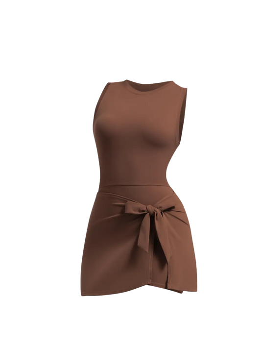 New brown slimming effect short dress with belt (without bra) My Store