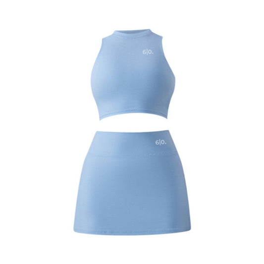 Blue high neck top and skirt set